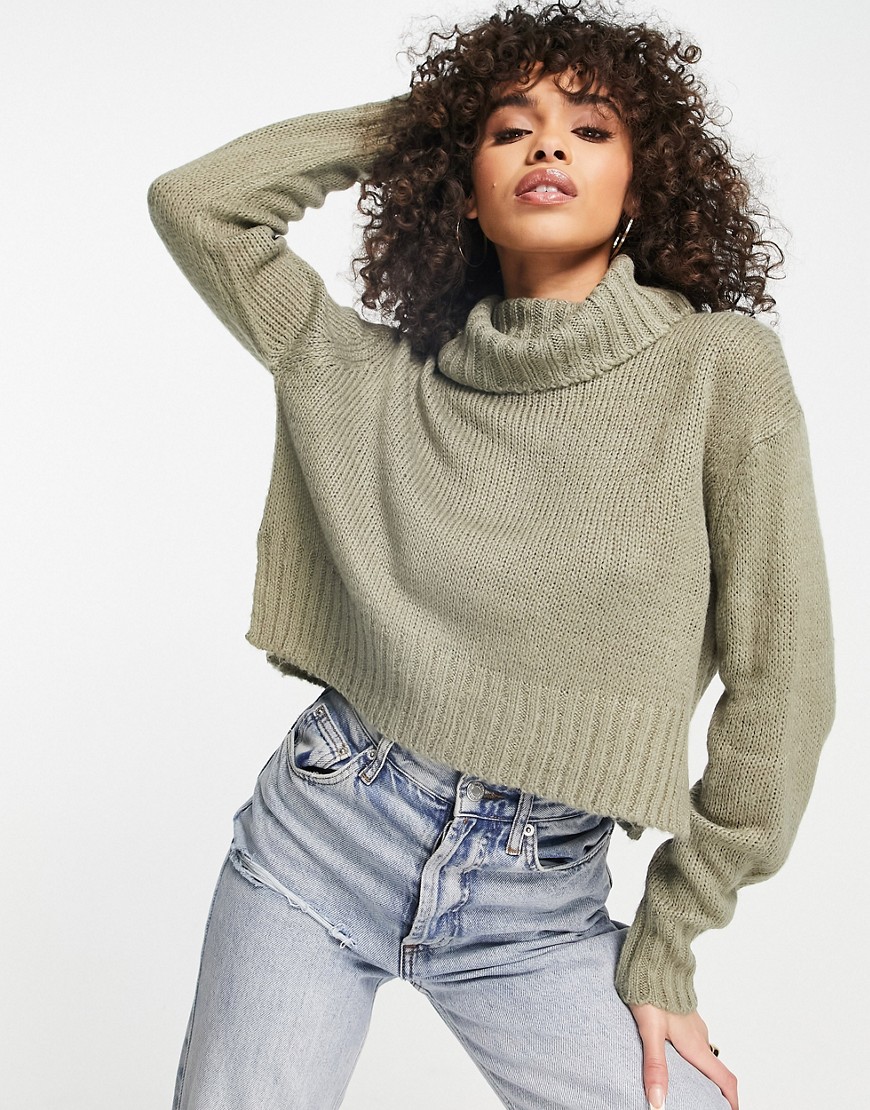Brave Soul cattio boxy cropped roll neck sweater-Green