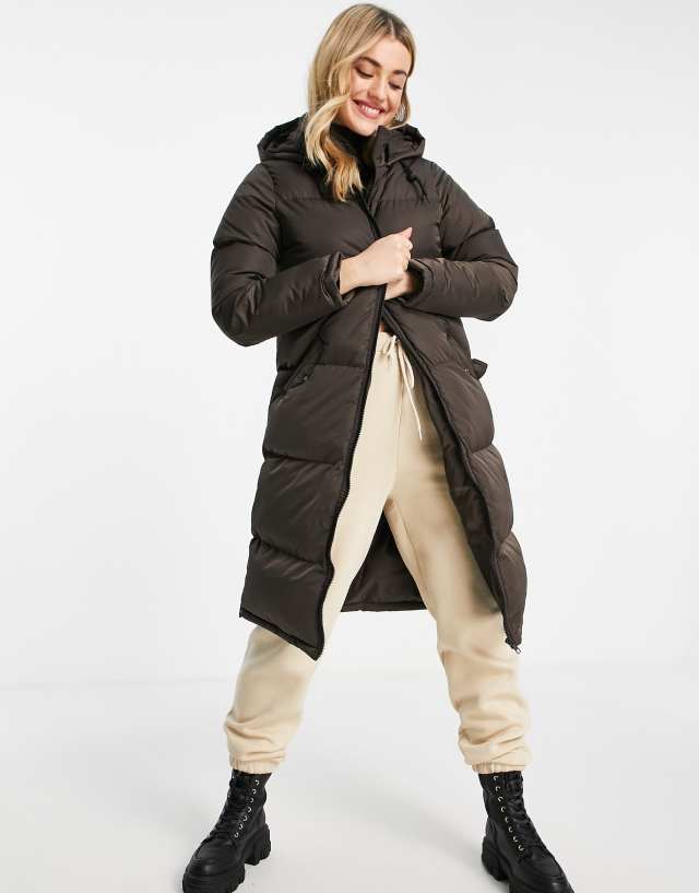 Brave Soul - cello long puffer coat in chocolate