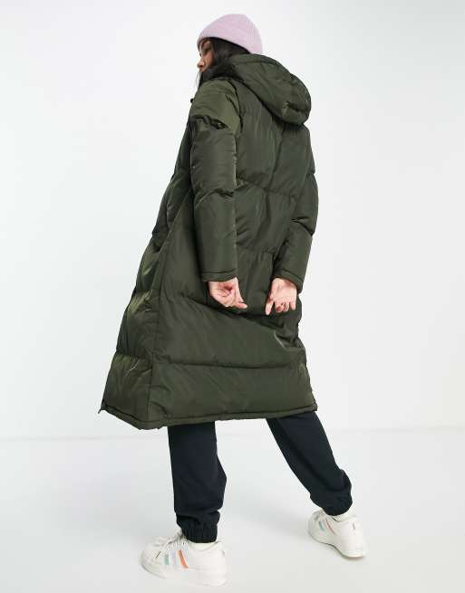 Brave Soul cello maxi longline puffer coat in khaki