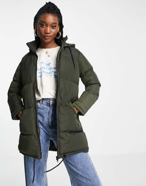 Brave Soul Cello Maxi Longline Puffer Jacket In Khaki ...