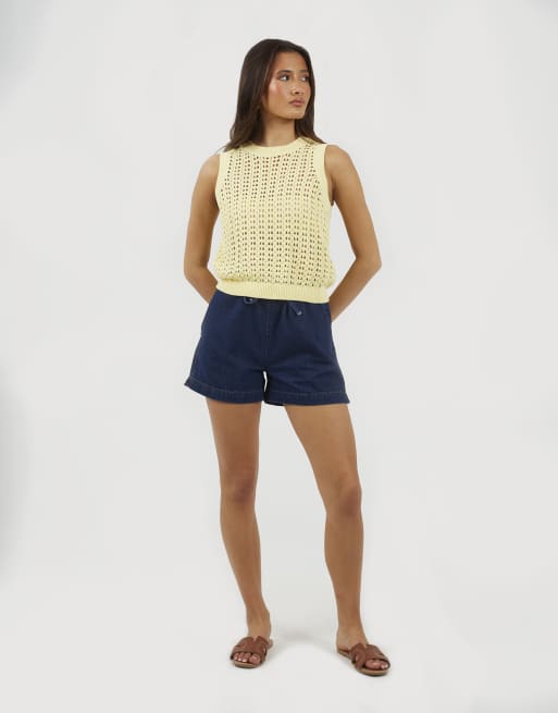 Brave Soul - Chaleco amarillo con cuello redondo de punto calado, 3 de 4
