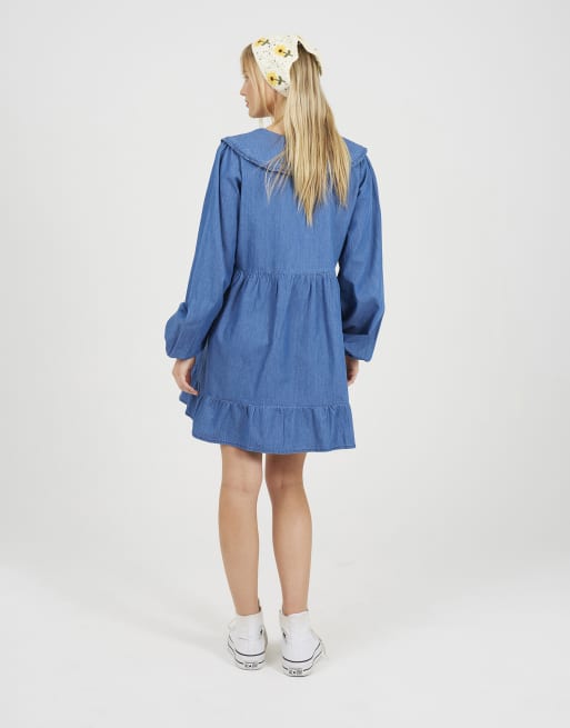 Brave Soul Chambray Jeans-Minikleid mit Kragen in Blau, 2 von 4