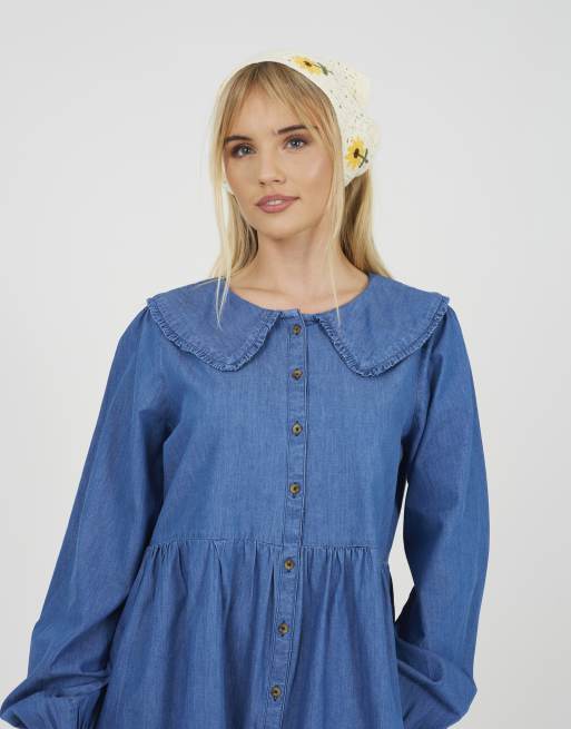 Brave Soul Chambray Jeans-Minikleid mit Kragen in Blau, 4 von 4
