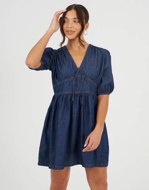Brave Soul Chambray short puff sleeve mini dress in indigo - view 1