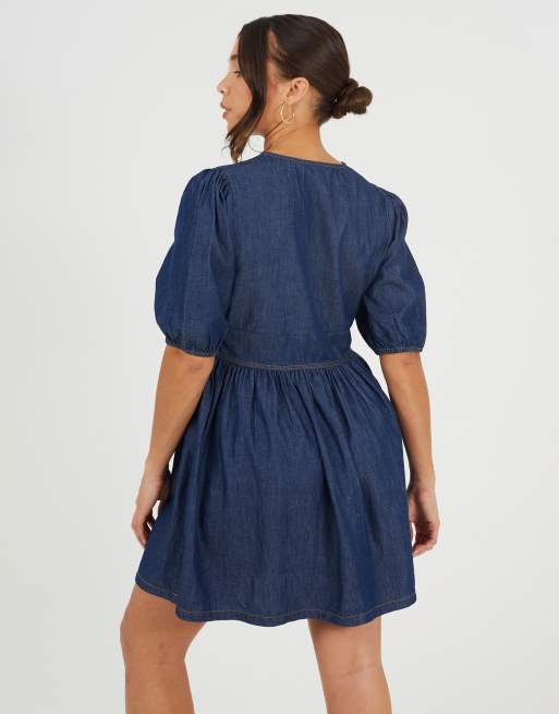 Brave Soul Chambray short puff sleeve mini dress in indigo, 2 of 4