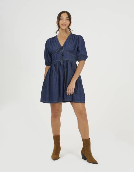 Brave Soul Chambray short puff sleeve mini dress in indigo, 3 of 4
