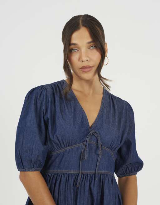 Brave Soul Chambray short puff sleeve mini dress in indigo, 4 of 4