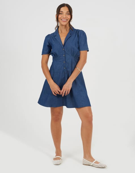 Brave Soul Chambray short sleeve collared mini dress in indigo - view 1