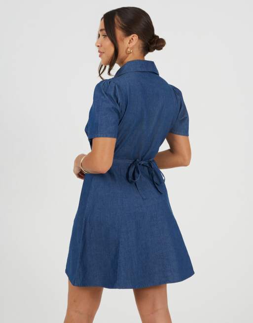 Brave Soul Chambray short sleeve collared mini dress in indigo, 2 of 3