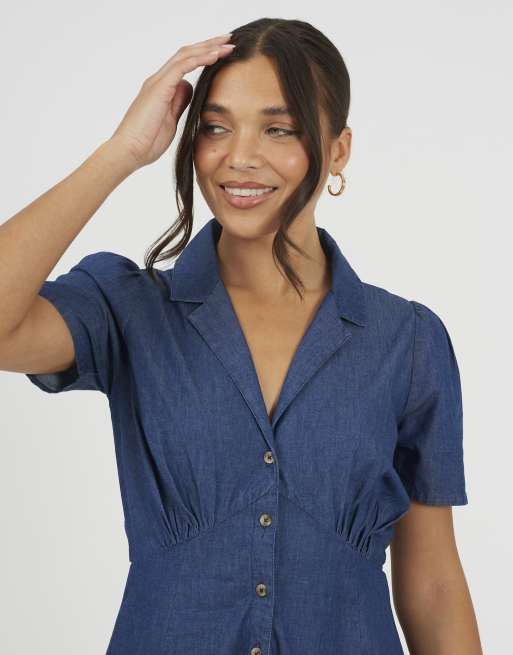 Brave Soul Chambray short sleeve collared mini dress in indigo, 3 of 3