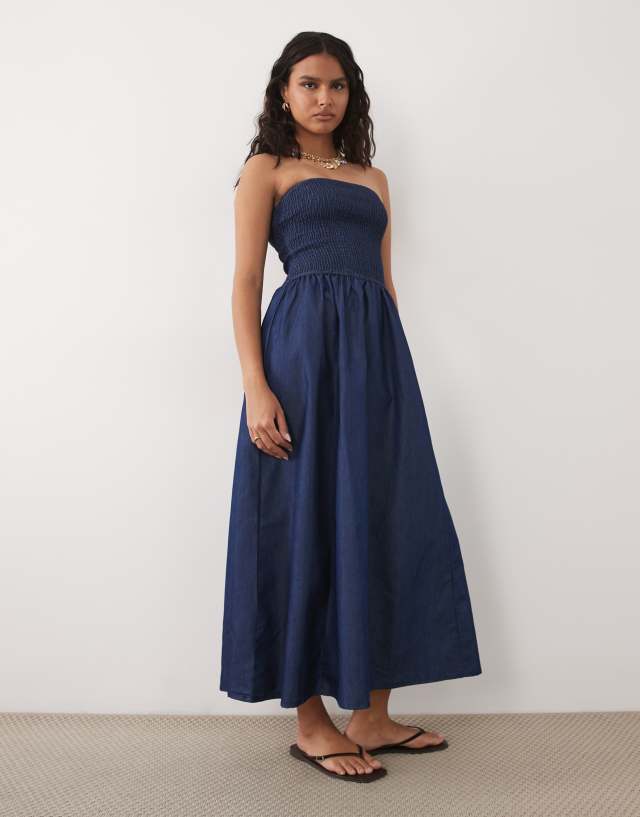 blue soul dress Brave Zante Chambray Bandeau Ruched Bodice Midi Size:M/L (UK 14) this dress is a light blue evening dress Vintage 90s DKNY Slip
