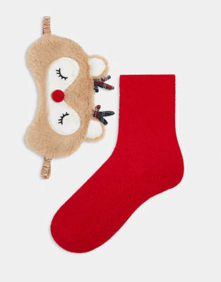 Brave Soul - Chaussettes de nuit fantaisie duveteuse à motif renne et masque de nuit - Rouge et fauve