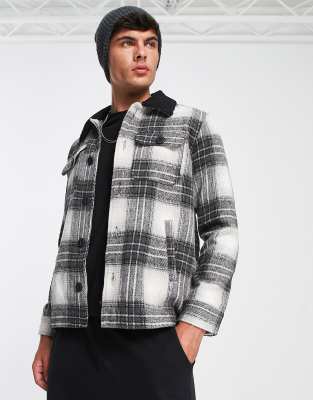 Brave Soul check jacket with borg collar in black