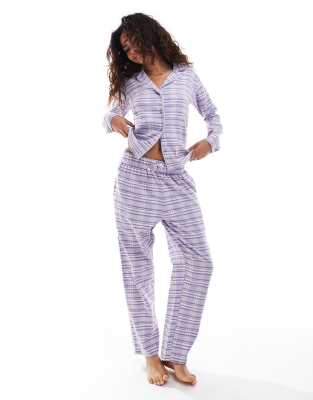 Brave Soul Brave Soul check longsleeve shirt and wide leg trouser pyjama set in lilac-Purple