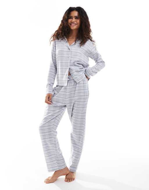 Brave Soul check shirt and pants pyjama set in light blue