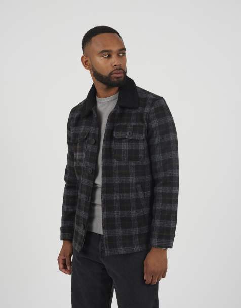Brave Soul Checked jacket with sherpa collar in black - view 1