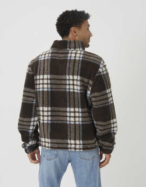 Brave Soul Checked quarter zip borg fleece in brown, 2 of 4