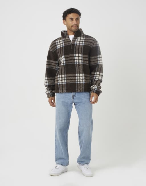 Brave Soul Checked quarter zip borg fleece in brown, 3 of 4