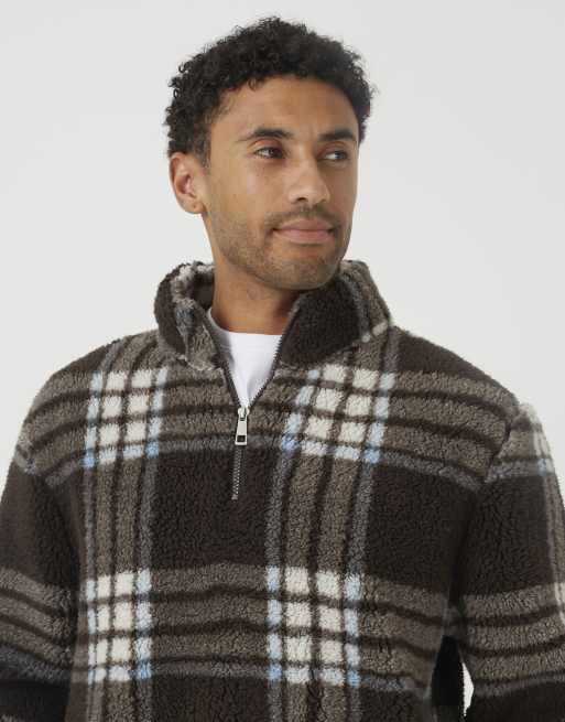 Brave Soul Checked quarter zip borg fleece in brown, 4 of 4