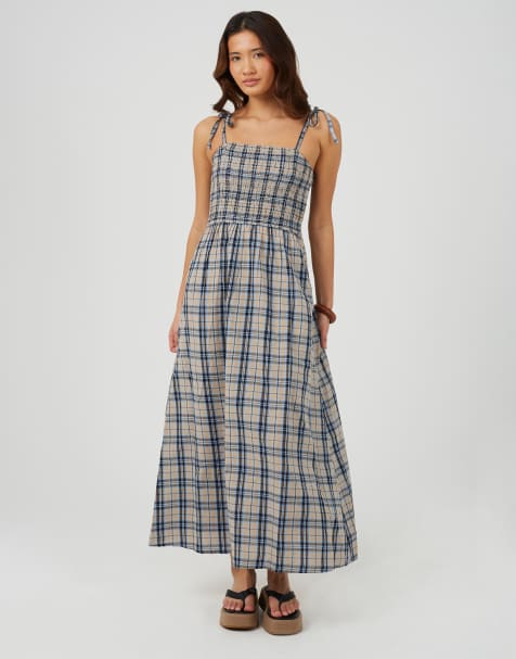 Brave Soul Checked strappy smock midi dress in blue - view 1