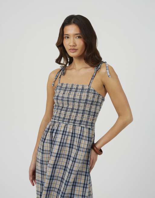 Brave Soul Checked strappy smock midi dress in blue, 2 of 4