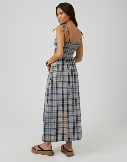 Brave Soul Checked strappy smock midi dress in blue, 3 of 4