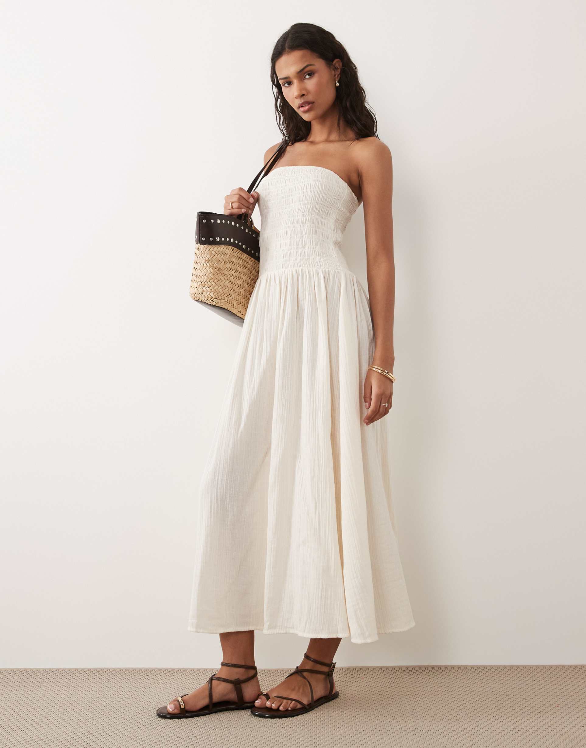 brave soul cheesecloth strapless midi dress with shirred bodice in off white