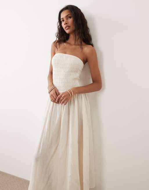 Brave Soul cheesecloth strapless midi dress with shirred bodice in off white, 2 of 4