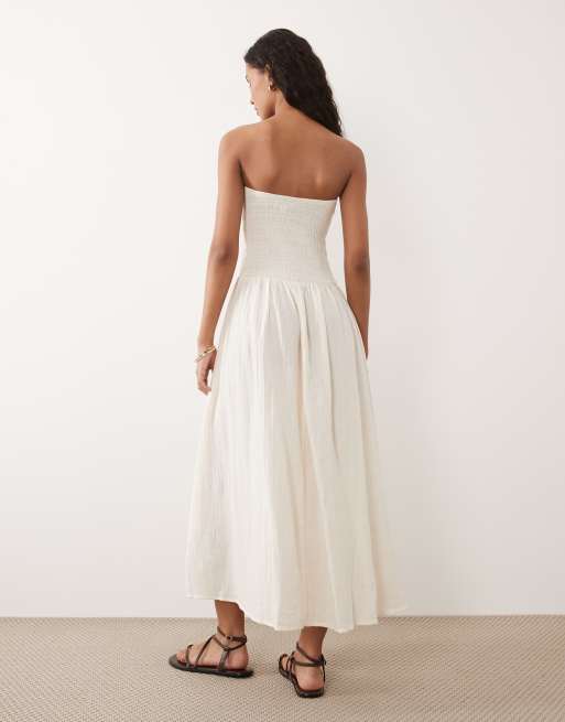 Brave Soul cheesecloth strapless midi dress with shirred bodice in off white, 4 of 4