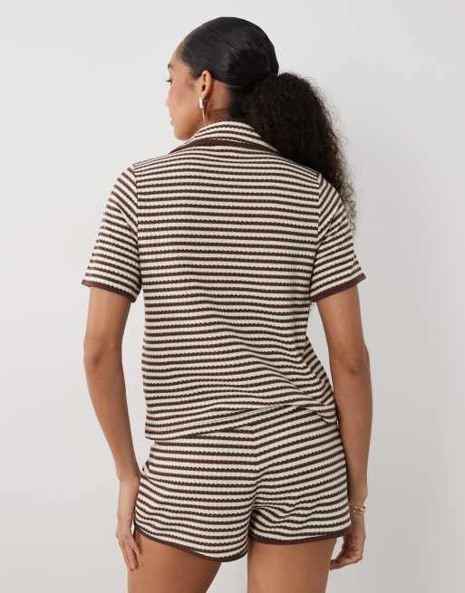 Brave Soul - Chemise d'ensemble au crochet à rayures avec liens devant - Marron et crème, 3 de 4