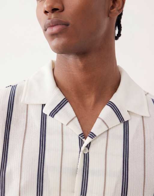 Brave Soul - Chemise d'ensemble texturée à manches courtes et rayures - Crème/bleu marine/taupe, 3 de 5