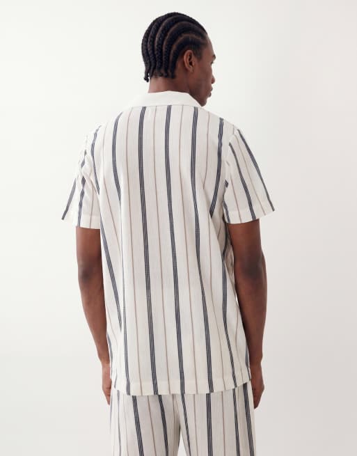 Brave Soul - Chemise d'ensemble texturée à manches courtes et rayures - Crème/bleu marine/taupe, 5 de 5