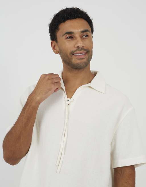 Brave Soul - Chemise en coton à col ouvert avec liens à nouer - Crème, 3 de 4