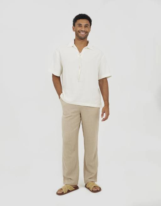 Brave Soul - Chemise en coton à col ouvert avec liens à nouer - Crème, 4 de 4