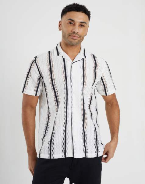 Brave Soul - Chemise rayée en maille avec col à revers et manches courtes - Blanc - view 1