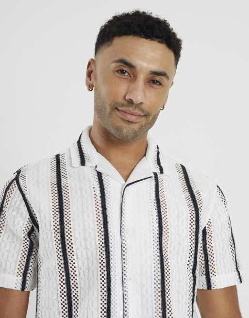 Brave Soul - Chemise rayée en maille avec col à revers et manches courtes - Blanc, 3 de 4