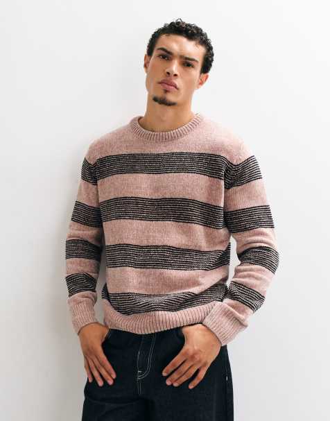 Brave Soul chenille crew neck jumper in beige and black stripe - view 1