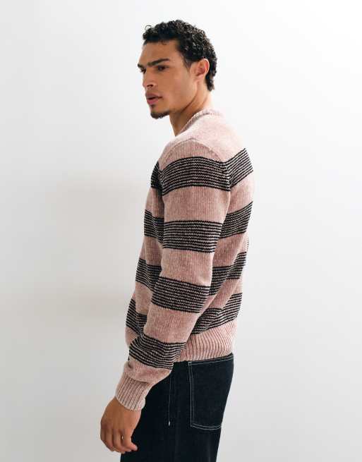 Brave Soul chenille crew neck jumper in beige and black stripe, 2 of 9