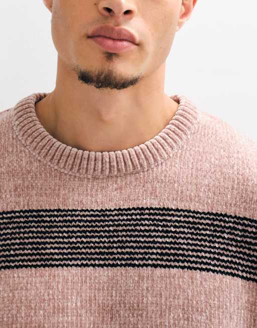 Brave Soul chenille crew neck jumper in beige and black stripe, 3 of 9