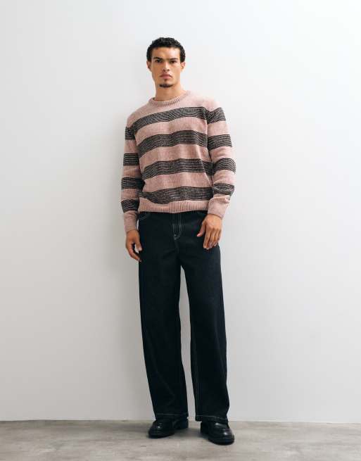 Brave Soul chenille crew neck jumper in beige and black stripe, 4 of 9