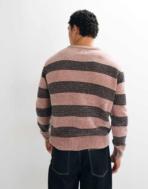 Brave Soul chenille crew neck jumper in beige and black stripe, 5 of 9