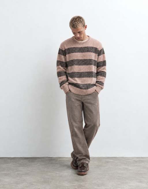 Brave Soul chenille crew neck jumper in beige and black stripe, 6 of 9