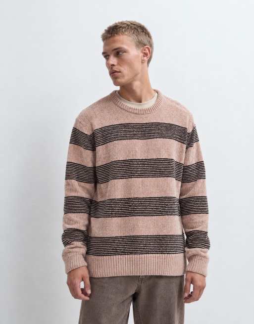 Brave Soul chenille crew neck jumper in beige and black stripe, 7 of 9