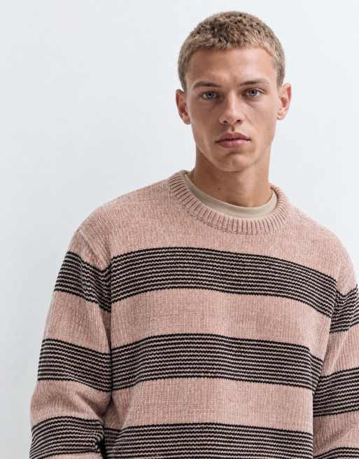 Brave Soul chenille crew neck jumper in beige and black stripe, 8 of 9
