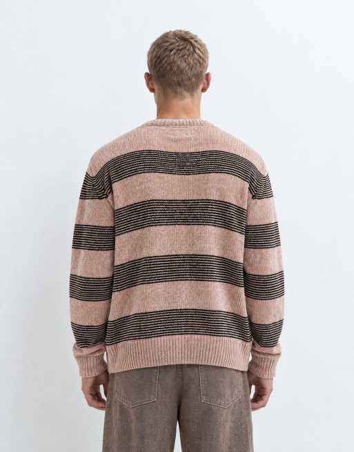 Brave Soul chenille crew neck jumper in beige and black stripe, 9 of 9