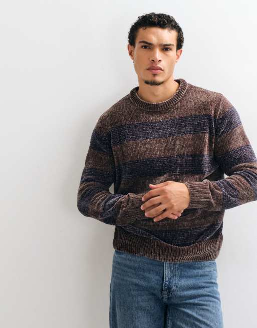 Brave Soul chenille crew neck jumper in taupe and navy stripe, 2 of 9