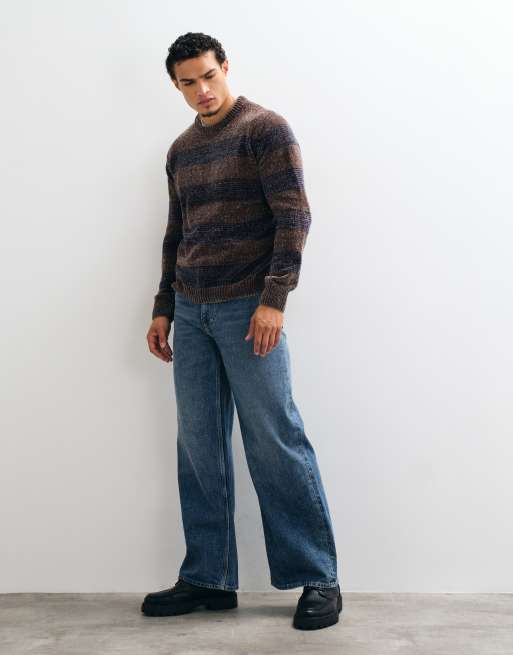 Brave Soul chenille crew neck jumper in taupe and navy stripe, 3 of 9