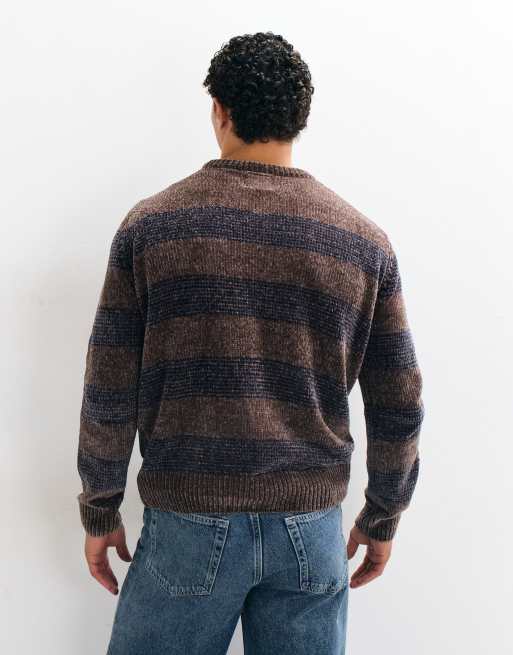 Brave Soul chenille crew neck jumper in taupe and navy stripe, 5 of 9