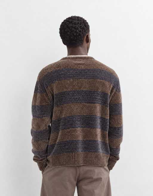 Brave Soul chenille crew neck jumper in taupe and navy stripe, 7 of 9