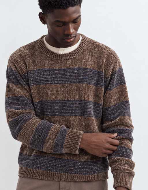 Brave Soul chenille crew neck jumper in taupe and navy stripe, 8 of 9